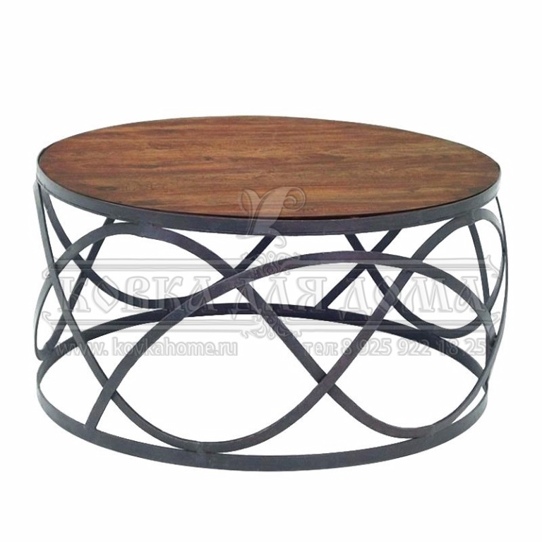 Кованый стол круглый с декоративными коваными элементами и столешницей из дерева. Размеры 440хD600мм.