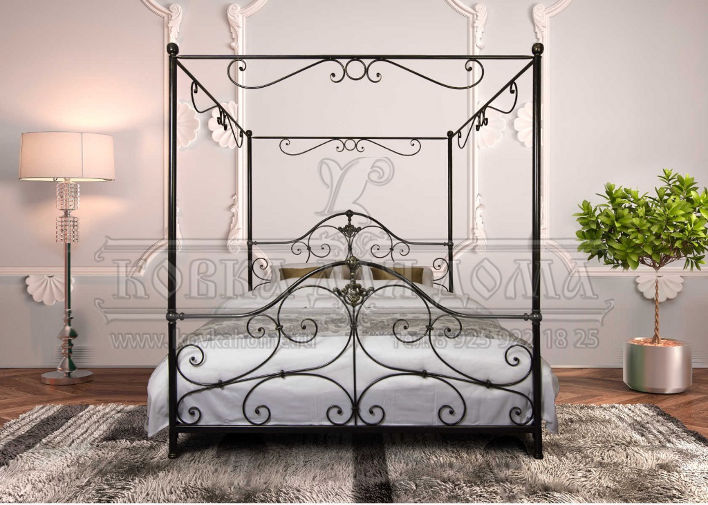 Кованая кровать с балдахином декоративная ручная ковка с художественными коваными элементами. Размеры 2200х1800мм высота ложа 400мм изголовья 1200мм.