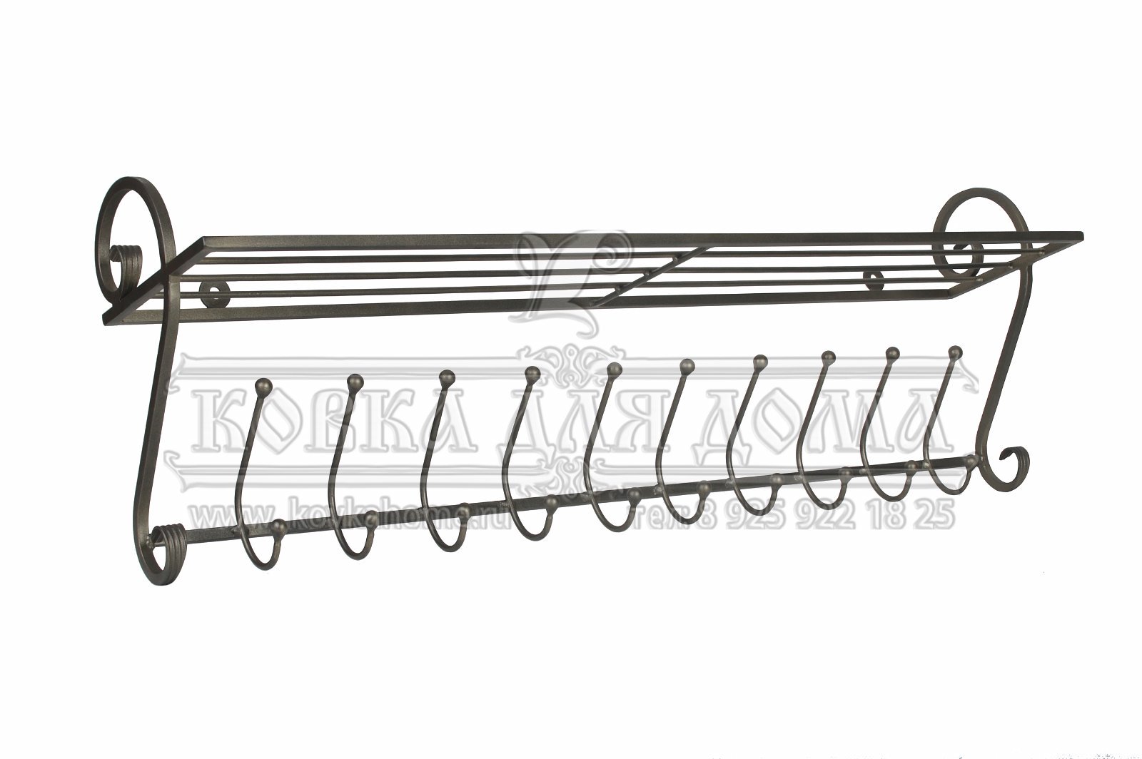 Кованая крепкая настенная вешалка для одежды в прихожую в классическом стиле черная. Размер 350х300х900мм