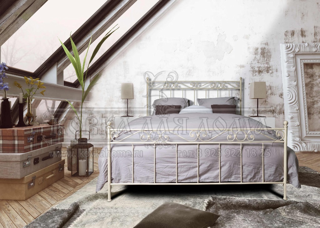Белая кровать для спальни декоративная ручная ковка с художественными коваными элементами. Размеры 2200х1800мм высота ложа 400мм изголовья 1200мм.