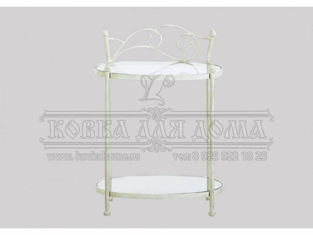 Прикроватный столик кованый белый для спальни, столешница и полка матовое стекло. Размеры 440х450х380мм.