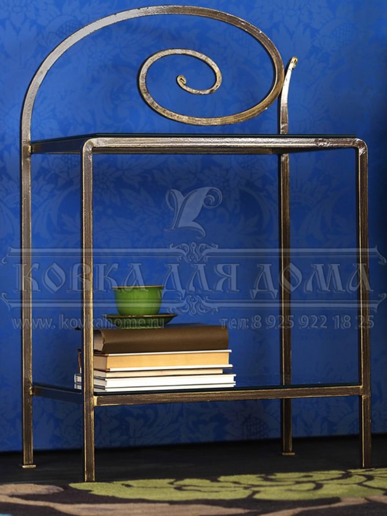 Прикроватный столик кованый декоративная ковка столешница и полка матовое стекло. Размеры 440х400х400мм
