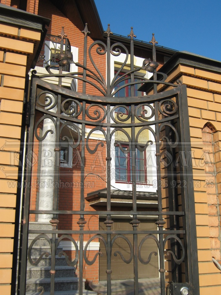 Кованые ворота и калитка распашные двухстворчатые, частично глухие  с односторонним декором