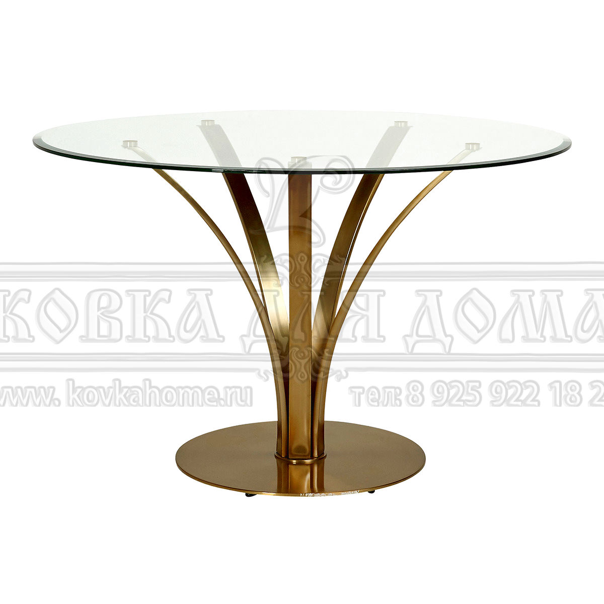 Фото Стол обеденный в современном стиле, стеклянная круглая столешница на металлокаркасе. Размеры 750(H)х1000(D)мм.